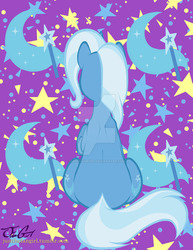 Size: 800x1035 | Tagged: safe, artist:missanimegrl, trixie, pony, unicorn, g4, abstract background, both cutie marks, butt, cutie mark background, female, mare, plot, raised hoof, rear view, sitting, solo, stars, watermark