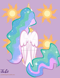 Size: 800x1035 | Tagged: safe, artist:missanimegrl, princess celestia, alicorn, pony, g4, both cutie marks, butt, cutie mark background, ethereal mane, ethereal tail, female, flowing mane, flowing tail, folded wings, jewelry, mare, multicolored mane, multicolored tail, plot, praise the sun, raised hoof, rear view, regalia, royalty, sitting, solo, sparkles, sunbutt, tiara, watermark