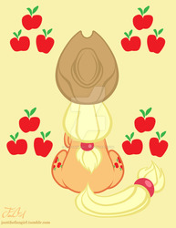 Size: 800x1035 | Tagged: safe, artist:missanimegrl, applejack, earth pony, pony, g4, apple, both cutie marks, butt, cutie mark background, female, food, hat, mare, plot, raised hoof, rear view, sitting, solo, watermark