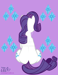 Size: 1024x1325 | Tagged: safe, artist:missanimegrl, rarity, pony, unicorn, g4, both cutie marks, butt, cutie mark background, female, gem, mare, plot, raised hoof, rear view, sitting, solo, watermark