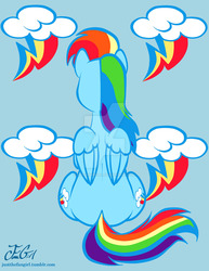 Size: 800x1035 | Tagged: safe, artist:missanimegrl, rainbow dash, pegasus, pony, g4, backwards cutie mark, both cutie marks, butt, cloud, cutie mark background, female, lightning, mare, plot, raised hoof, rear view, sitting, solo, watermark