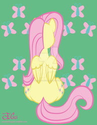 Size: 800x1035 | Tagged: safe, artist:missanimegrl, fluttershy, butterfly, pegasus, pony, g4, both cutie marks, butt, cutie mark background, female, mare, plot, raised hoof, rear view, sitting, solo, watermark
