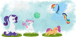 Size: 2484x1200 | Tagged: safe, artist:miyathegoldenflower, rainbow dash, rarity, scootaloo, sweetie belle, pegasus, pony, unicorn, g4, ball, cutie mark, eyes closed, female, filly, flying, grass, jumping, playing, ponytail, sky, smiling, spread wings, the cmc's cutie marks, wings