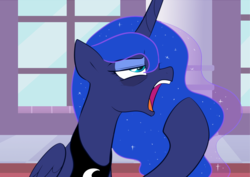 Size: 1016x720 | Tagged: safe, artist:maren, princess luna, alicorn, pony, a royal problem, g4, annoyed, bags under eyes, female, lidded eyes, mare, open mouth, peytral, raised hoof, solo, tired, waking up, yawn