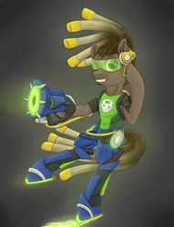 Size: 2500x3264 | Tagged: safe, artist:mephysta, earth pony, pony, bipedal, grin, gun, high res, hoof hold, looking at you, lucio, male, one eye closed, overwatch, ponified, simple background, smiling, solo, stallion, weapon, wink