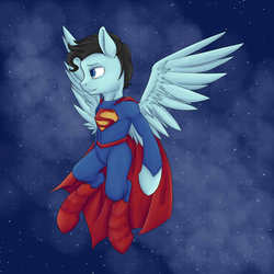 Size: 3000x3000 | Tagged: safe, artist:mephysta, pegasus, pony, cape, clothes, colored pupils, flying, high res, male, ponified, skintight clothes, solo, spread wings, stallion, superman, wings