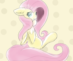 Size: 6000x5000 | Tagged: safe, artist:meowmavi, fluttershy, pegasus, pony, g4, abstract background, absurd resolution, colored pupils, ear fluff, female, floppy ears, long mane, long tail, looking at you, looking back, looking back at you, mare, rear view, sitting, solo, wing fluff