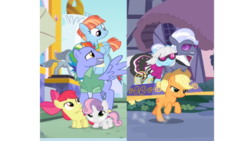 Size: 1920x1080 | Tagged: safe, screencap, apple bloom, applejack, bow hothoof, hoity toity, photo finish, sweetie belle, windy whistles, earth pony, pony, g4, honest apple, parental glideance, carrying, palanquin, ponies riding ponies, ponies riding ponies riding ponies, pony pile, rainbow dash's parents, riding, tower of pony