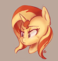 Size: 1280x1356 | Tagged: safe, artist:penny-wren, sunset shimmer, pony, unicorn, g4, brown background, bust, confused, female, mare, portrait, simple background, solo
