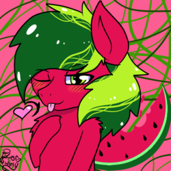 Size: 400x400 | Tagged: safe, artist:pyroswirly, oc, oc only, oc:melon specter, pony, cute, food, one eye closed, solo, tongue out, watermelon, wink