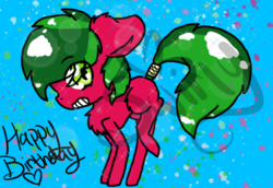 Size: 404x278 | Tagged: safe, artist:pyroswirly, oc, oc only, oc:melon specter, pony, cute, food, solo, watermelon