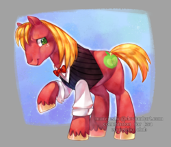 Size: 2910x2497 | Tagged: safe, artist:marejestic, big macintosh, earth pony, pony, g4, abstract background, bowtie, clothes, colored pupils, dapper, high res, looking at you, male, raised hoof, smiling, solo, stallion, unshorn fetlocks, vest