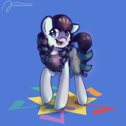 Size: 1024x1024 | Tagged: safe, artist:strangemoose, coloratura, earth pony, pony, g4, blue background, clothes, cutie mark, dress, drill hair, drill mane, female, mare, open mouth, pigtails, raised hoof, signature, simple background, solo, twintails