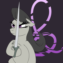 Size: 3000x3000 | Tagged: safe, artist:stormchaser-mlp, octavia melody, earth pony, pony, g4, bipedal, chest fluff, cutie mark, female, fencing, floppy ears, glare, high res, hoof hold, mare, rapier, solo, sword, weapon