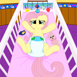 Size: 3000x3000 | Tagged: safe, artist:fillyscoots42, edit, edited edit, editor:hodgepodgedl, fluttershy, twilight sparkle, parasprite, pony, g4, adult foal, crib, cute, diaper, female, floppy ears, happy, high res, looking at you, lying down, male, mario, non-baby in diaper, on back, pacifier, plushie, poofy diaper, shyabetes, smiling, solo, super crinkle pony adventure 64, thread
