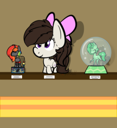 Size: 912x1000 | Tagged: safe, artist:binkyt11, oc, oc only, oc:aggie, oc:krylone, oc:pisty, pony, bow, female, hair bow, kryggie, male, mare, plushie, rainbow hair, snow globe, stallion, toy