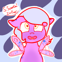 Size: 1024x1024 | Tagged: safe, artist:binkyt11, oc, oc only, oc:bubble pops, earth pony, pony, abstract background, female, mare, nervous, solo, speech bubble, sweat, sweatdrop, thick, waving, wavy mouth, wingding eyes, worried