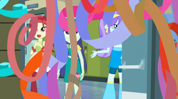 Size: 1904x1064 | Tagged: safe, screencap, aqua blossom, blueberry cake, rose heart, equestria girls, g4, my little pony equestria girls, animation error, background human, time to come together