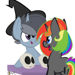 Size: 1024x1024 | Tagged: safe, artist:binkyt11, oc, oc only, oc:krylone, oc:nurse bloodlust, pony, unicorn, anatomically incorrect, bad anatomy, female, halloween, hat, holiday, incorrect leg anatomy, male, mare, rainbow hair, simple background, skull, stallion, transparent background, witch hat