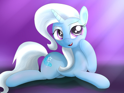 Size: 1024x768 | Tagged: safe, artist:fotasy, trixie, pony, unicorn, g4, female, looking at you, lying down, mare, open mouth, prone, solo