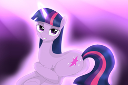 Size: 1380x920 | Tagged: safe, artist:fotasy, twilight sparkle, pony, unicorn, g4, abstract background, bedroom eyes, butt, female, glowing horn, horn, looking at you, lying down, mare, plot, smiling, solo