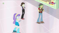 Size: 720x404 | Tagged: safe, screencap, aqua blossom, juniper montage, leafy mint, mint chip, sandalwood, sophisticata, equestria girls, equestria girls specials, g4, my little pony equestria girls: mirror magic, animated, background human, boots, camera, cellphone, clothes, female, food, giantess, gif, hallucination, ice cream, juniper monstar, macro, male, microphone, neapolitan, phone, scared, shoes, skirt, smartphone, teletoon