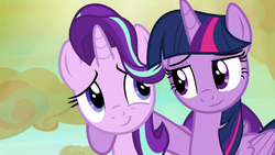 Size: 1280x720 | Tagged: safe, screencap, starlight glimmer, twilight sparkle, alicorn, pony, unicorn, g4, my little pony: friendship is magic, to where and back again, arm on shoulder, duo, duo female, female, lidded eyes, looking at each other, mare, smiling, smiling at each other, twilight sparkle (alicorn)