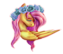 Size: 1024x869 | Tagged: safe, artist:mranonim, artist:mrantio, fluttershy, pegasus, pony, g4, bust, eyes closed, female, floral head wreath, flower, looking down, mare, portrait, sad, simple background, solo, transparent background, turned head