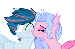 Size: 658x437 | Tagged: safe, artist:cloiepony, oc, oc only, oc:glitzy glam, oc:sky fall, bat pony, pegasus, pony, base used, female, kissing, male, mare, oc x oc, shipping, stallion