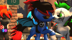 Size: 1920x1080 | Tagged: safe, artist:blackspoiler, oc, oc only, oc:blackspoiler, oc:vex (blackspoiler), bat pony, pony, 3d, bat pony oc, black sclera, headphones, kissing, source filmmaker, streets