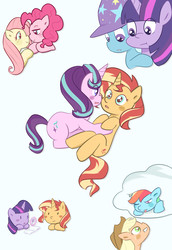 Size: 2370x3444 | Tagged: safe, artist:yuck, applejack, fluttershy, pinkie pie, rainbow dash, starlight glimmer, sunset shimmer, trixie, twilight sparkle, human, pony, unicorn, equestria girls, g4, blushing, clothes, counterparts, female, hat, high res, lesbian, open mouth, ship:appledash, ship:flutterpie, ship:shimmerglimmer, ship:sunsetsparkle, ship:twixie, shipping, simple background, smiling, trixie's hat, twilight's counterparts, white background