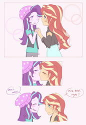Size: 2370x3444 | Tagged: safe, artist:yuck, starlight glimmer, sunset shimmer, equestria girls, equestria girls specials, g4, my little pony equestria girls: mirror magic, beanie, blushing, dialogue, duo, duo female, female, hat, high res, kissing, lesbian, ship:shimmerglimmer, shipping, sidemouth