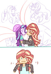 Size: 2370x3444 | Tagged: safe, artist:yuck, starlight glimmer, sunset shimmer, human, pony, unicorn, equestria girls, equestria girls specials, g4, my little pony equestria girls: mirror magic, beanie, clothes, cute, duo, female, hat, high res, holding arms, lesbian, magic, mare, s5 starlight, ship:shimmerglimmer, shipping, simple background, staff, staff of sameness, sunset sees things, sweat