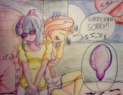 Size: 1024x800 | Tagged: dead source, safe, artist:exceed-excellion, sci-twi, sunset shimmer, twilight sparkle, equestria girls, g4, angry, balloon, balloon popping, bedroom, cross-popping veins, female, lesbian, party balloon, ship:sci-twishimmer, ship:sunsetsparkle, shipping, traditional art