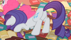 Size: 476x272 | Tagged: safe, screencap, pinkie pie, rarity, earth pony, pony, unicorn, g4, sonic rainboom (episode), book, butt, cropped, face down ass up, faceplant, female, mare, plot