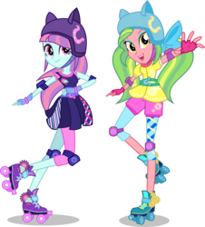 Size: 6778x7500 | Tagged: safe, artist:limedazzle, lemon zest, sunny flare, equestria girls, g4, my little pony equestria girls: friendship games, absurd resolution, alternate hairstyle, alternate universe, bow, clothes, duo, duo female, female, fingerless gloves, gloves, helmet, shorts, show accurate, simple background, skirt, transparent background, vector