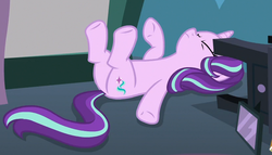 Size: 826x473 | Tagged: safe, screencap, starlight glimmer, pony, unicorn, g4, rock solid friendship, butt, cropped, eyes closed, female, legs in air, lying, mare, on back, plot, solo, starlight's room