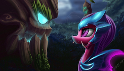 Size: 1944x1111 | Tagged: safe, artist:zigword, pony, armor, crossover, duo, female, glowing eyes, league of legends, looking at each other, maokai, mare, monster, ponified, rek'sai, tongue out