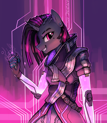 Size: 1840x2107 | Tagged: safe, artist:jedayskayvoker, oc, oc only, oc:dry land, unicorn, anthro, clothes, crossover, female, grin, looking at you, mare, overwatch, ponified, smiling, solo, sombra (overwatch), video game