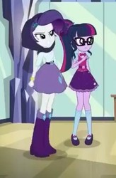 Size: 231x353 | Tagged: safe, screencap, rarity, sci-twi, twilight sparkle, dance magic, equestria girls, equestria girls specials, g4, boots, clothes, cropped, duo, duo female, female, glasses, mary janes, ponytail, sci-twi outfits, skirt, socks