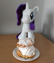 Size: 1375x1600 | Tagged: safe, rarity, pony, g4, 4de, desk, food, irl, photo, plate, plushie, rarity looking at food, solo, waifu dinner