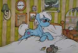 Size: 1280x883 | Tagged: safe, artist:incrediblepanzer, photo finish, earth pony, pony, g4, alcohol, bed, camera, clock, female, glass, mare, pillow, solo, tired, traditional art, wine, wine glass