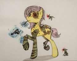 Size: 1853x1467 | Tagged: safe, artist:incrediblepanzer, fluttershy, cyborg, pony, robot, g4, amputee, brand, cyberpunk, gun, pet, prosthetic eye, prosthetic limb, prosthetics, raised hoof, traditional art, weapon