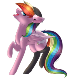 Size: 2641x2967 | Tagged: safe, artist:crazllana, oc, oc only, oc:cloudchaser, pegasus, pony, beanie, black socks, clothes, ear piercing, earring, female, freckles, hat, high res, jewelry, mare, piercing, simple background, socks, solo, tongue out, transparent background