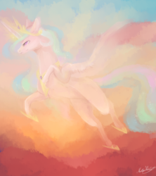 Size: 1024x1152 | Tagged: safe, artist:fireflah532, princess celestia, pony, g4, backlighting, cloud, female, flying, solo, sunrise