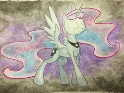 Size: 1024x768 | Tagged: safe, artist:grokostimpy, princess luna, alicorn, pony, g4, colored pencil drawing, female, glowing eyes, solo, spread wings, traditional art, watercolor painting, wings