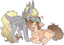 Size: 1483x1056 | Tagged: safe, artist:tay-niko-yanuciq, oc, oc only, pegasus, pony, chest fluff, cute, duo, eyes closed, female, flower, flower in hair, heart, lesbian, mare, oc x oc, prone, request, requested art, shipping, simple background, smiling, transparent background
