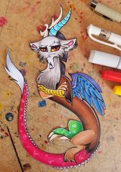 Size: 1024x1457 | Tagged: safe, artist:keanuvyfoxy09, discord, draconequus, g4, cute, discord is not amused, discute, looking at you, male, solo, traditional art, unamused