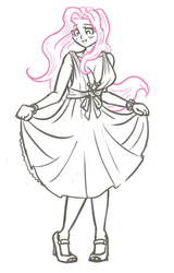 Size: 641x1000 | Tagged: safe, artist:king-kakapo, fluttershy, human, g4, blushing, breasts, busty fluttershy, cleavage, clothes, dress, female, high heels, human female, humanized, monochrome, partial color, shoes, solo