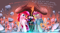 Size: 3840x2160 | Tagged: safe, artist:underpable, maud pie, pinkie pie, oc, oc:cold burn, alicorn, pony, g4, alicorn oc, dark magic, dialogue, edgy, high res, looking at you, magic, ow the edge, red and black oc, rock, talking